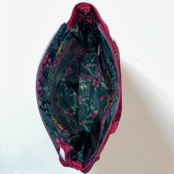 Lug Trotter Tote Bag Raspberry Red/Wine with Evermore Flora Green Interior - Picture 8 of 13